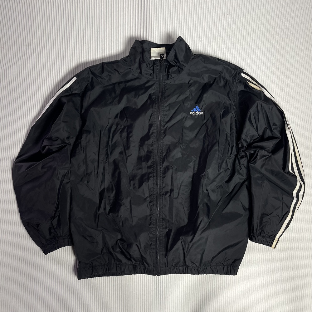 Y2K Adidas Jacket Mens M Black Full Zip Track Windbreaker 3-Stripes Lined Nylon